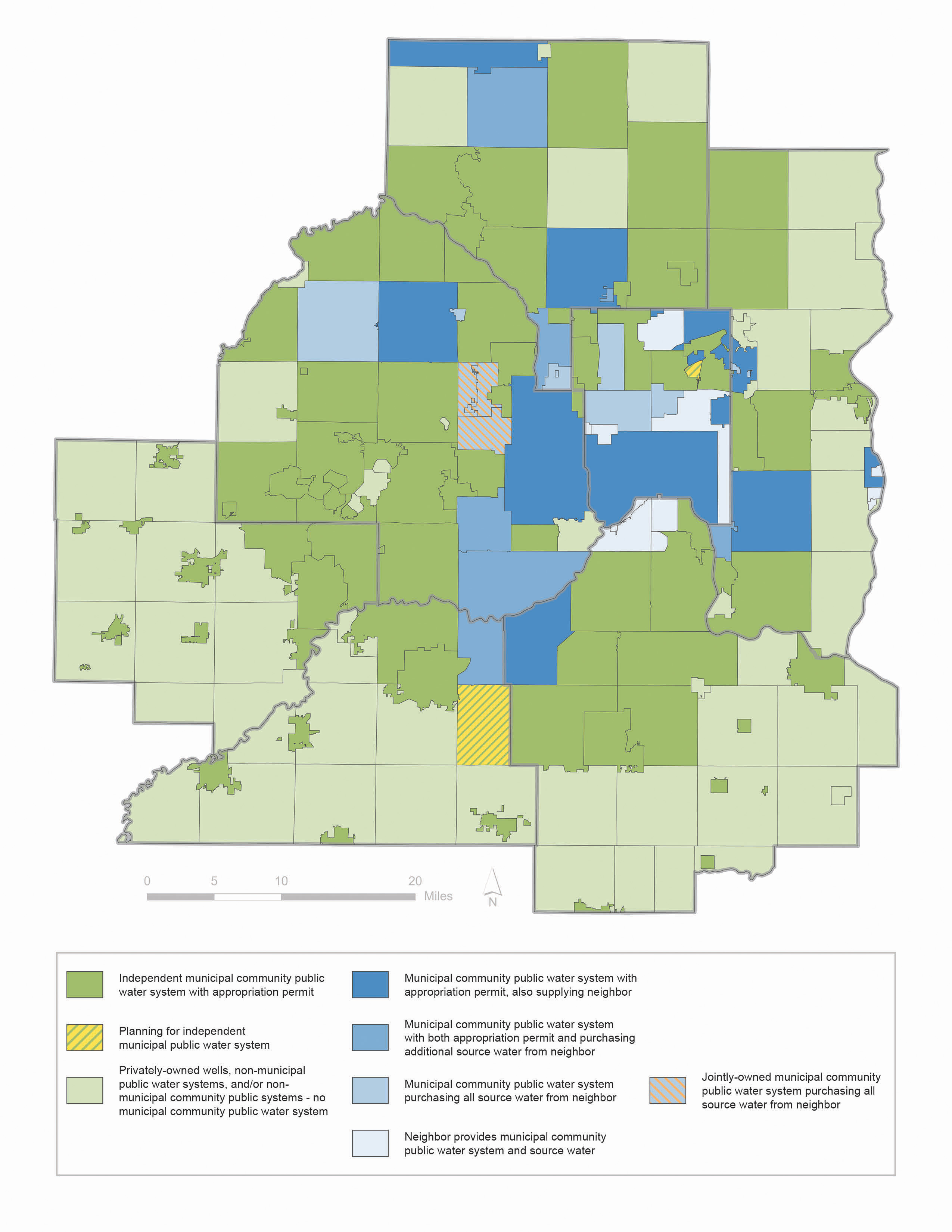 Map illustrating the geographic distribution of the different community water supply system types in the metro region.