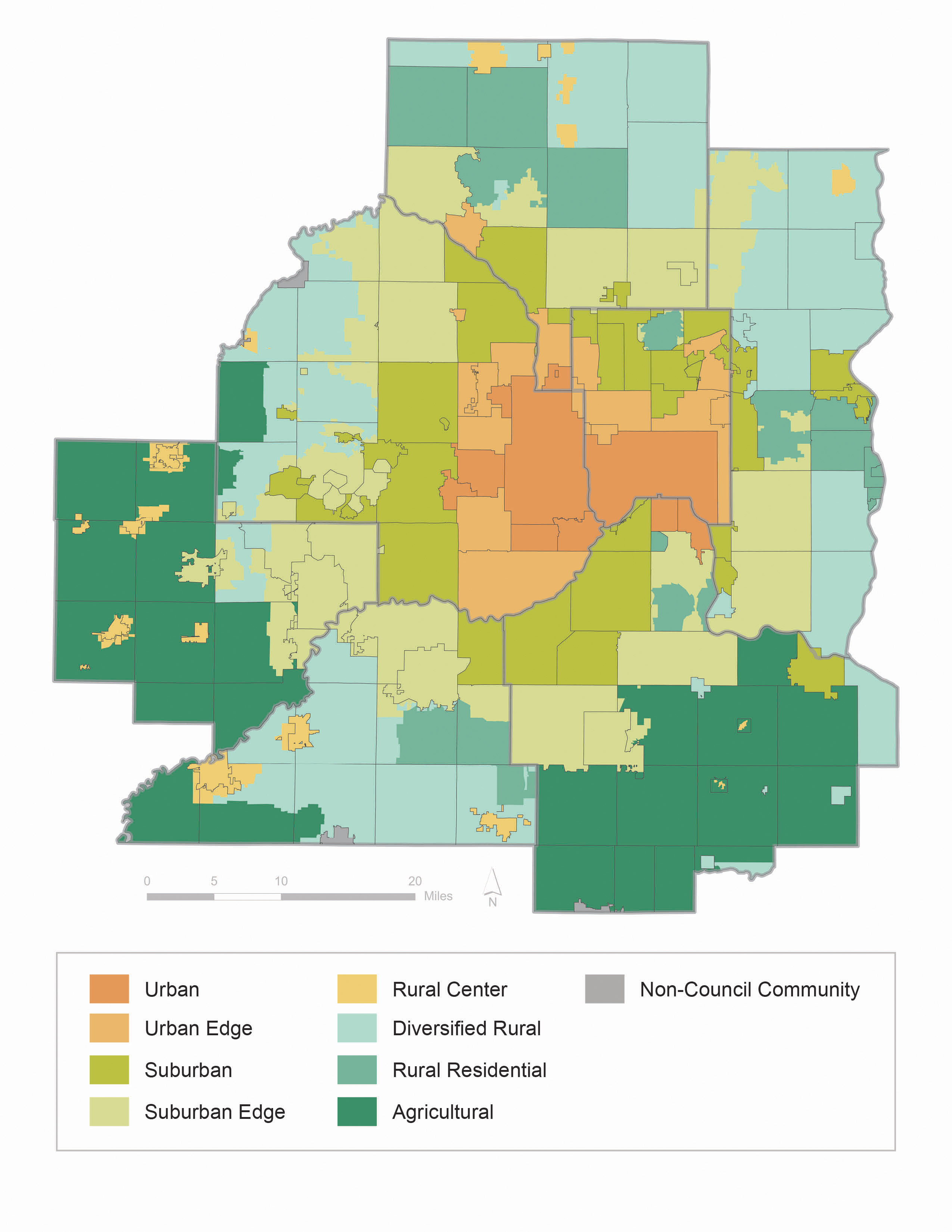 Map of 2050 community designations including: urban, urban edge, suburban, suburban edge, rural center, diversified residential, rural residential, agricultural, and non-Council communities