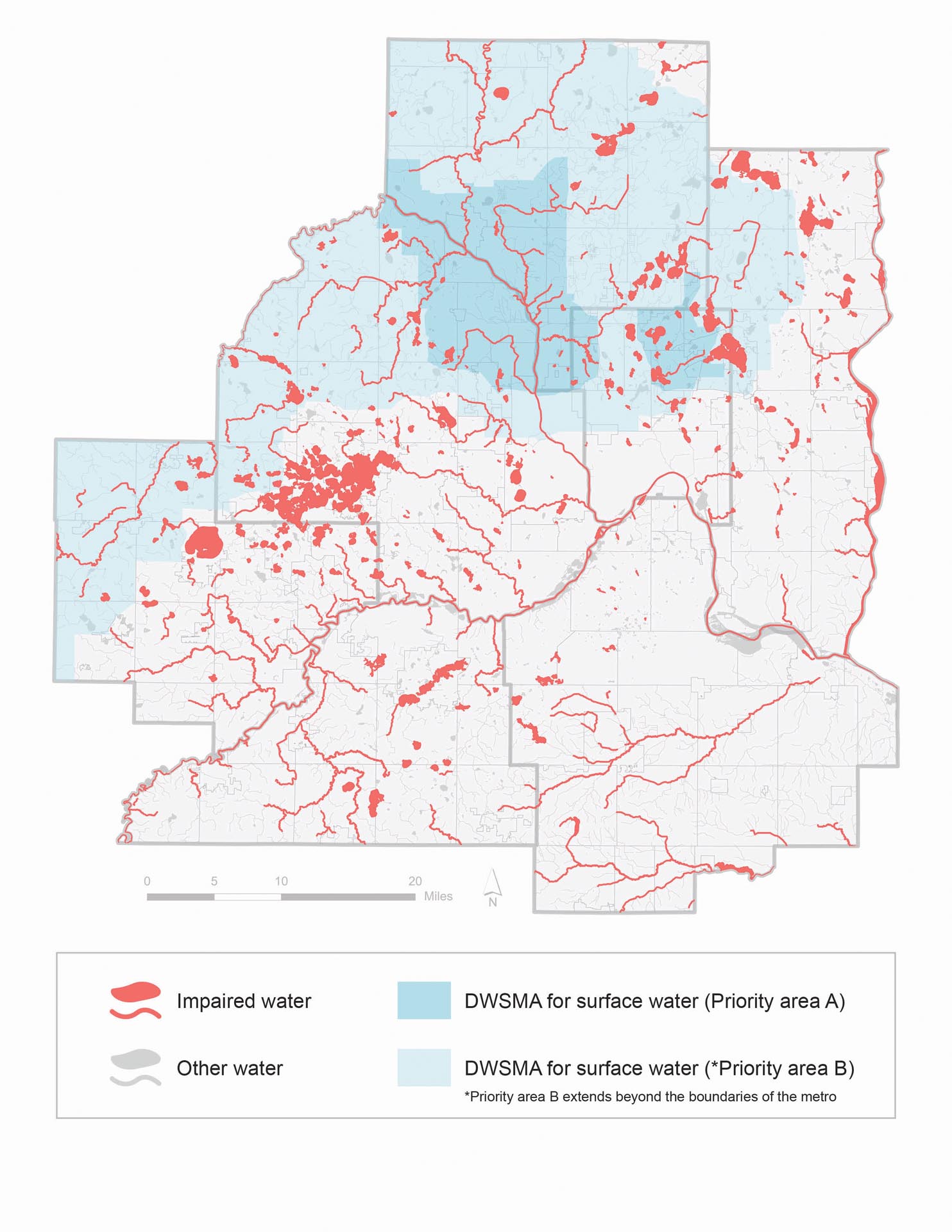 This is a map showing the impaired waters in the metro region along with the drinking water supply management areas.
