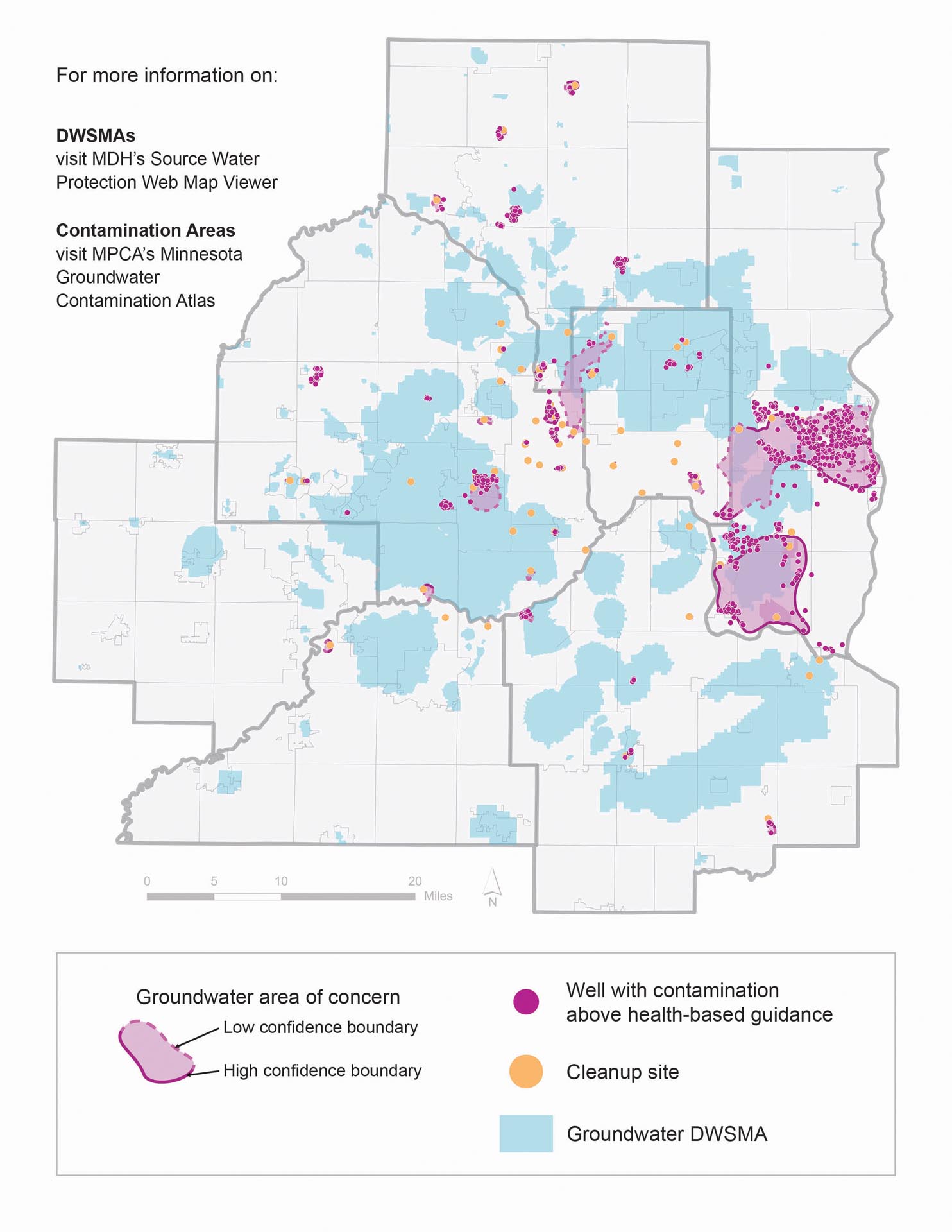 This map shows where groundwater drinking water supply management areas and known contamination areas are in the metro region.